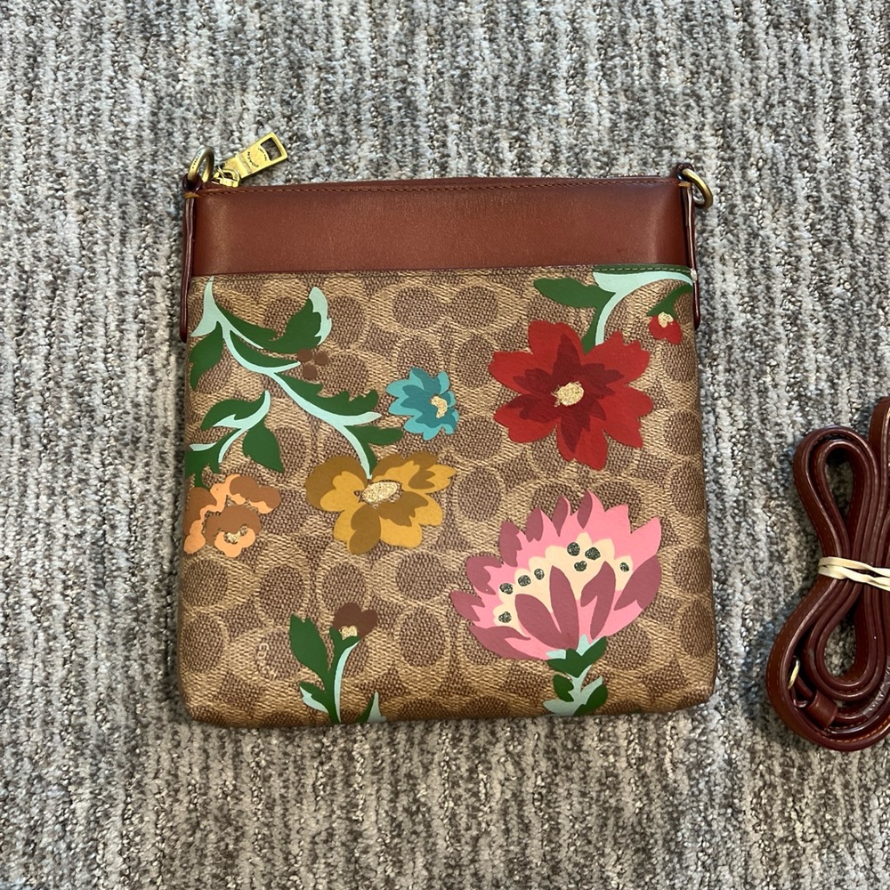 Coach Signature Floral Bouquet & Rust Leather Kit Crossbody C7872